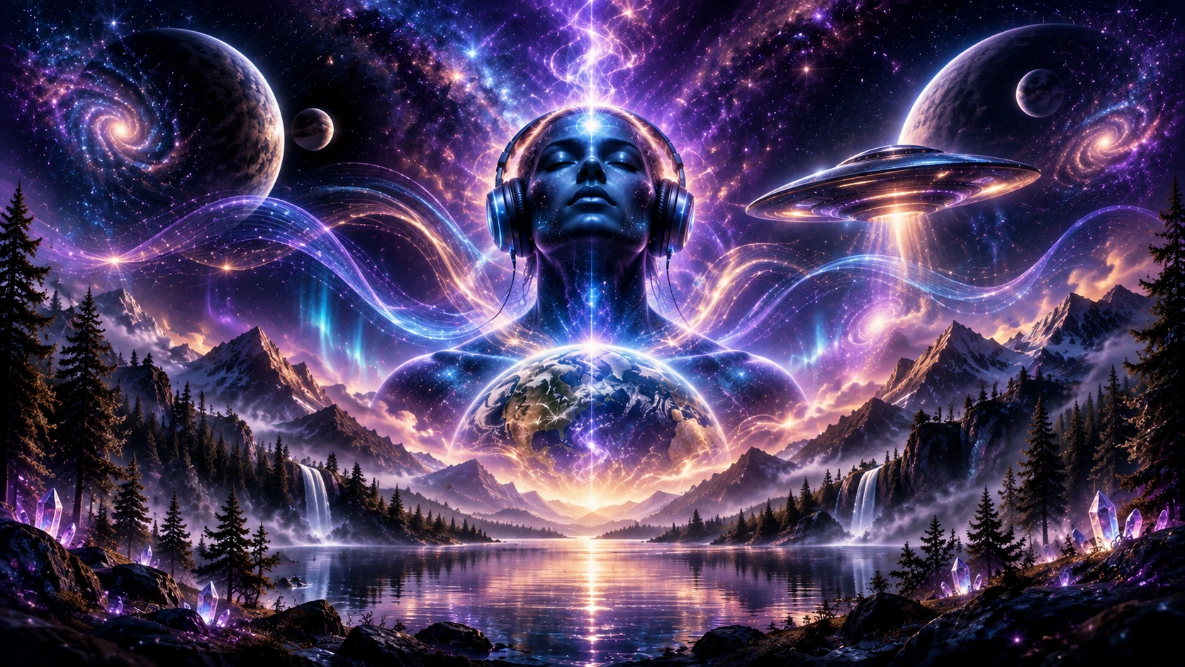 A cosmic figure wearing headphones rises above a glowing Earth, with planets, spiral galaxies and a craft in a violet sky over mountains, waterfalls, crystals and a still lake